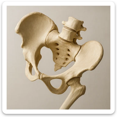 realistic human pelvis tilted, 4K image, anatomical details, very evident tilt, side view, clinical atmosphere, neutral background sticker