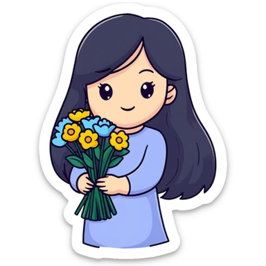 beautiful girl with long black hair holding a bouquet of flowers sticker