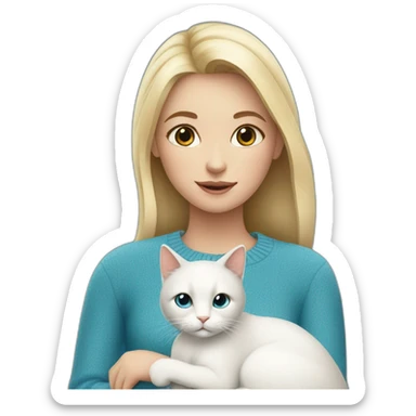 Blond girl in blue sweater and with white cat sticker