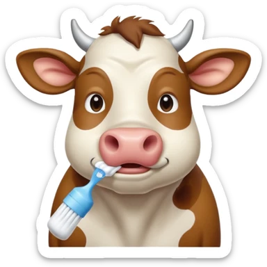 A cow brushing its teeth, looking sleepy and drowsy, portrait, bust up sticker