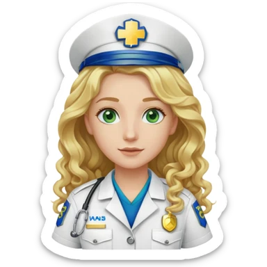 Paramedic white and gold uniform green patch with long curly blonde hair and blue eyes sticker