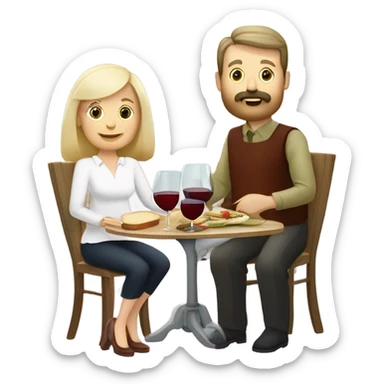 Repas raclette et deux verres de vin blanc en couple 50 ans, femme blonde cheveux aux-dessus des épaules homme petite barbe et moustache grisonnantes et cheveux bruns sticker