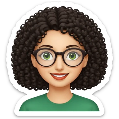 iranian woman, tight curly hair, glasses, green eyes, pretty, oval shape face sticker