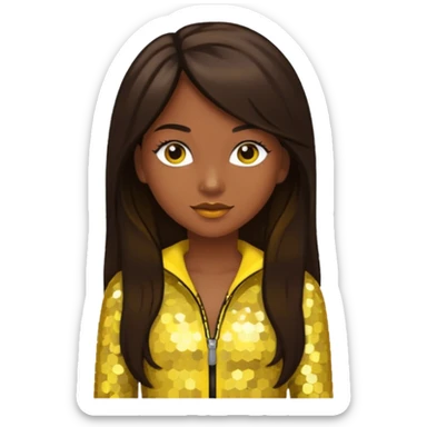 Sasha from Bratz with medium dark skin, long dark brown hair and yellow sequin outfit sticker