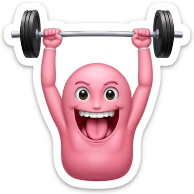a tongue with eyes and arms, smiling, holding a barbell overhead sticker