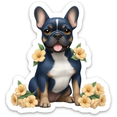 dark blue and tan french bulldog holding flowers sticker