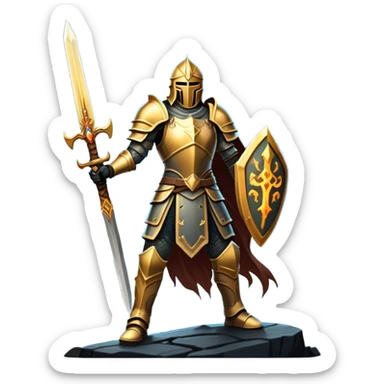 An icon representing RPG, inspired by Elden Ring. The design features a warrior in armor, holding a sword, standing in front of a mystical, dark landscape with glowing runes and a distant castle. The atmosphere evokes epic quests, exploration, and intense battles. Transparent background sticker