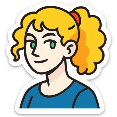 vibrant toon style character with blonde, curly shoulder-length hair tied back with a red scrunchie, pale white skin, pale green eyes sticker