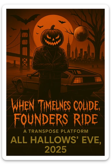 Make the font "When Timelines Collide, Founders Ride" runny, spooky.  sticker