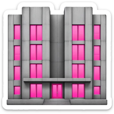 brutalist gray concrete block building with two neon pink windows and many normal windows sticker