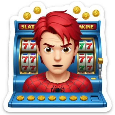 disheveled spiderman losing money at a slot machine, panicked face, coins flying sticker