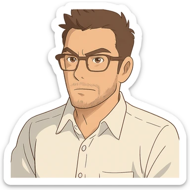 soft color portrait of a driven businessman with a white button up shirt, no tie, dark brown hair in a business casual fauxhawk, 5 o'clock shadow with gray near chin, brown rectangular glasses sticker