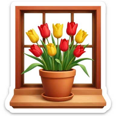 Clay pot with tulips on windowsill sticker