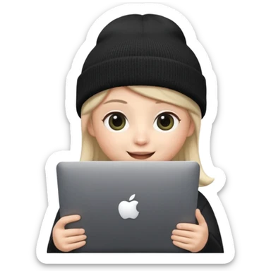 Apple-style Memoji face with big eyes and black beanie, holding silver laptop covering mouth with solid black pear logo (no bite), clean soft lighting, simple round background. sticker