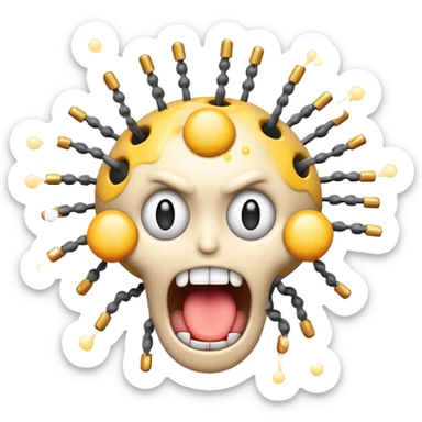 absolutely insane emoji with eyes popping out of sockets on springs, brain partially exposed, multiple gigantic polka-dotted tongues flailing in all directions, tiny explosions around head, face melting, completely deranged look sticker