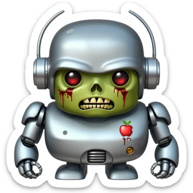 Apple emoji-inspired fat zombie robot terminator, straight front view, shiny surfaces, expressive face, transparent background sticker