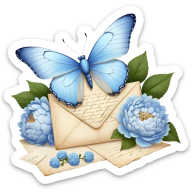 A delicate still life of a pale blue butterfly resting on an aged love letter, sealed with golden wax, accompanied by a bouquet of white peonies and soft blue hydrangeas, with pearl beads scattered nearby.
 sticker