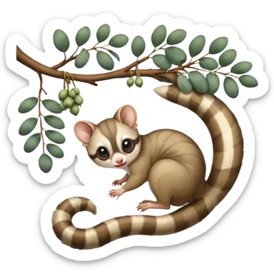 Sugar glider hanging from eucalyptus branch by the tail sticker