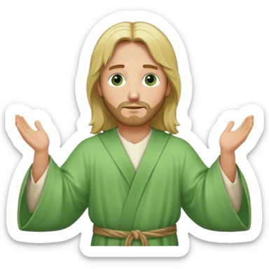 Jesus, green eyes, blonde hair, light green church robe. opening arms, gazing thoughtfully. Soft light, subtle fern. Waist-up, profile. sticker