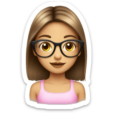 Niña con lentes rosado transparente, pelo corto de color castaño, ojos marrones,  sticker