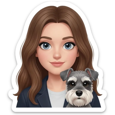 White girl with long, medium brown color hair dark blue grey eye with heavy eyeliner holding a salt and pepper miniature schnauzer sticker