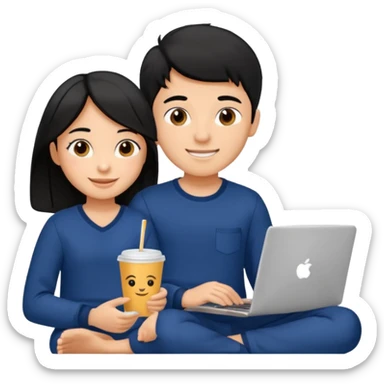 black haired boy and girl in navy blue pajamas , watching movie on laptop sticker