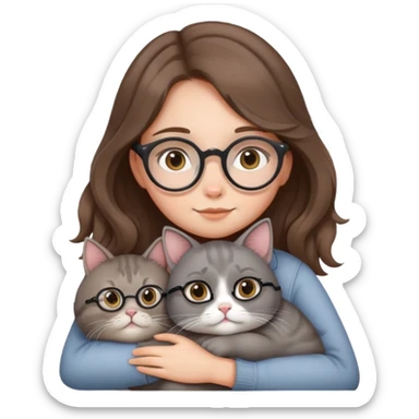 girl with slight wavy long brown hair wearing round specs carrying/hugging a fat grey cat with round ears  sticker