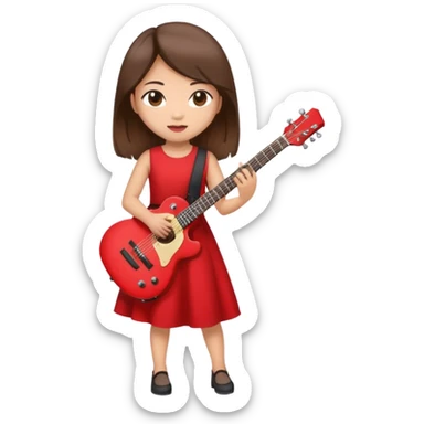 an asian girl with brown hair playing a big guitar, wearing a red dress sticker
