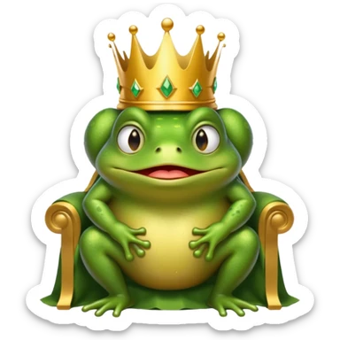 A cry frog wearing a crown, confidently sitting on a golden throne, cry tear from eyes, portrait, bust up sticker