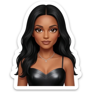 Aaliyah with dark brown eyes, long black hair, black metallic sweetheart dress, silver necklace sticker