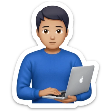 a asian handsome guy wearing a blue knit with white shirt, looking sad, holding a macbook, only upper body, high quality sticker