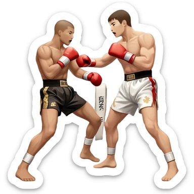 An icon symbolizing kickboxing, featuring two fighters in the midst of an intense match. One throws a powerful roundhouse kick, while the other counters with a punch. The background shows a ring, with ropes and a cheering crowd. Transparent background highlights the action and strength sticker