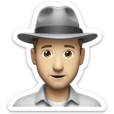 tim robinson wearing a grey fedora with a grey flap on the back white shirt only looking scared and sad 3 quarter angle sticker