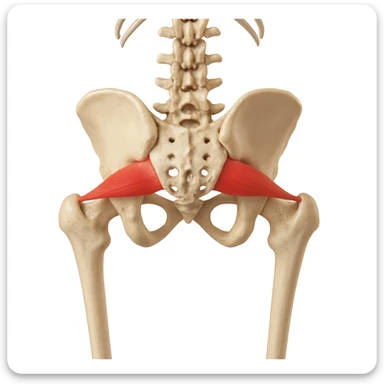 Create a hyperrealistic anatomical view of the piriformis muscle as in the reference image. Show the pelvis and vertebral column visible, with the piriformis muscle highlighted in red. Include clear anatomical details, a white background, and 4K quality. sticker