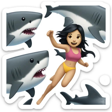 Girl with black hair swimming from a shark  sticker