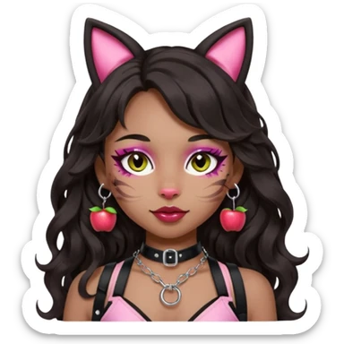 Soften the makeup to be bold but not too crazy, keeping the silver O-ring, bangs, light-medium Hispanic skin tone, long dark wavy hair, cat ears, and pink BDSM-inspired harness in apple emoji style with transparent background. sticker
