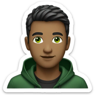 Programmer with dark fade haircut, dark green eyes without glasses in black hoodie without print sticker