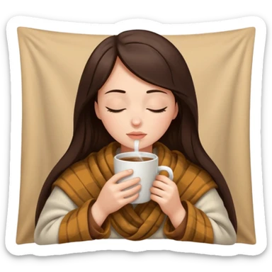 Brunette girl inside a blanket sipping coffee eyes closed sticker