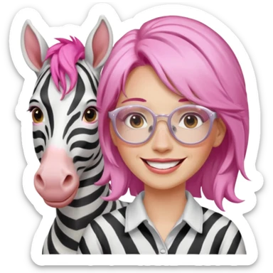 create a emoji of my friend camilla: she wears  white glasses and she has brown hair, make it pink. She loves horses and zebras sticker
