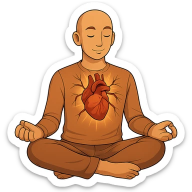 Person is meditating and his heart is glowing and shining, general style, with a real organ heart form, with no background, more a form, not cut the arteries, but make them connected to blood system sticker