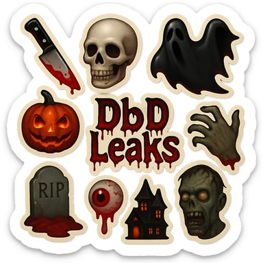 Make the emoji horror themed with spooky and horror details. Use blood red, black, and shadowy colors. Make the 'Dbd Leaks' text look scary and eerie. Keep the background transparent. sticker