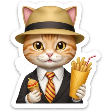 fast food eating cat waring tie and hat  sticker
