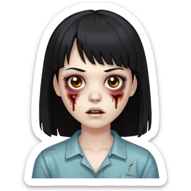 Uma zumbi com os cabelos pretos, mediano, liso e com franja, olhos castanhos sticker