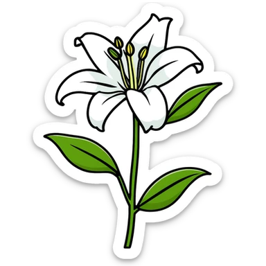 elegant white lily with six distinct petals, one unopened bud, and leafy stem sticker