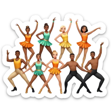 Icon for Contemporary Dance: a synchronized guys and girls group performance on stage with backup dancers in bright, modern outfits and dynamic lighting. The icon should capture the energy and coordination of a dance routine, with a focus on movement and stage presence. Transparent background. sticker