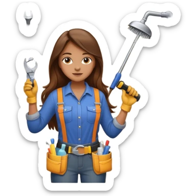 beautiful girl with long brown hair constructing new bathroom area with new shower and amenities  sticker