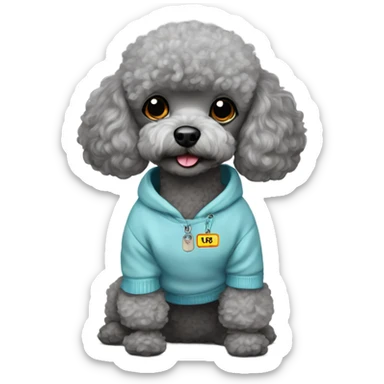 Gray toy poodle with a sweatshirt with the name Louie on his tag sticker