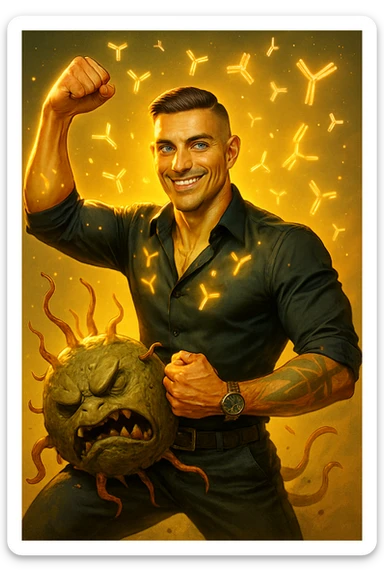 Un uomo atletico (30-40 anni) dalla pelle perfettamente liscia, senza cicatrici o imperfezioni, che emana un leggero bagliore dorato (metafora degli anticorpi).
Occhi brillanti con riflessi blu-verdi (simbolo di salute estrema).
Postura eroica, con un braccio sollevato in un gesto di forza, mentre con l'altro tiene un batterio gigante schiacciato come se fosse un mostro sconfitto. sticker