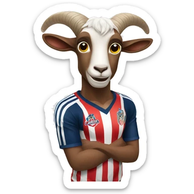 Draw a goat wearing the jersey of Chivas (a Mexican soccer team), holding a trophy in one hand. sticker