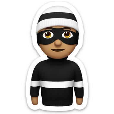 Person wearing white and black up and down sweater with a black superhero mask on with a beanie sticker